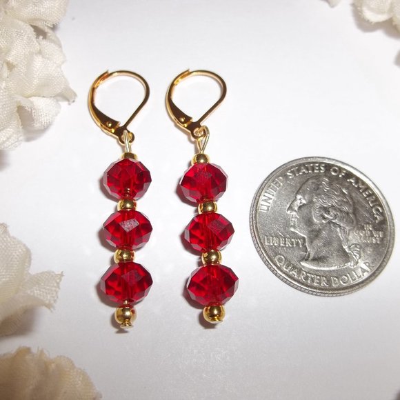 Sexy Red & Gold Earring Set Sparkly Handmade Fashion Jewelry Pair Dangly 6329 - Picture 2 of 7